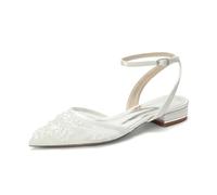 YFZBJY Damen Hochzeitsschuhe Flach Brautschuhe Spitze Spitzschuh mit Perlen Elegant Abendschuhe Niedriger Absatz mit Kreuzknöchelriemen,Elfenbein,42 EU