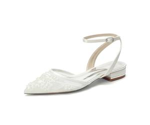 YFZBJY Damen Hochzeitsschuhe Flach Brautschuhe Spitze Spitzschuh mit Perlen Elegant Abendschuhe Niedriger Absatz mit Kreuzknöchelriemen,Elfenbein,43 EU