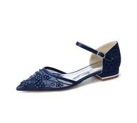 YFZBJY Elegante Brautschuhe Damen Flach mit Spitzen und Perlen Blumen, Spitz Zulaufende Hochzeitsschuhe mit Knöchelriemen, Bequeme Abendparty Ballerinas,Dark Blue,42 EU