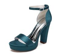 YFZBJY Elegante Party-Pumps für Frauen, offene Zehen, Satin, High Heels mit Plateau-Blockabsatz und Knöchelriemen,Dark Cyan,42 EU