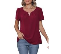 YGJIEGENG Bluse Damen Sommer Kurzarm Chiffon Shirt Rundhals Einfarbig Oberteile Elegant Casual Blusenshirt Business Tunika Top Weinrot XL