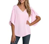 YGJIEGENG Bluse Damen Sommer Tunika Shirt V-Ausschnitt Elegant Oberteile Chiffon Loose 3/4 Ärmel Casual Leicht Tops mit Glockenärmeln blassrosa 2XL
