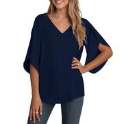 YGJIEGENG Bluse Damen Sommer Tunika Shirt V-Ausschnitt Elegant Oberteile Chiffon Loose 3/4 Ärmel Casual Leicht Tops mit Glockenärmeln Dunkle Blau M
