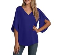 YGJIEGENG Bluse Damen Sommer Tunika Shirt V-Ausschnitt Elegant Oberteile Chiffon Loose 3/4 Ärmel Casual Leicht Tops mit Glockenärmeln Blau M