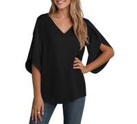 YGJIEGENG Bluse Damen Sommer Tunika Shirt V-Ausschnitt Elegant Oberteile Chiffon Loose 3/4 Ärmel Casual Leicht Tops mit Glockenärmeln Schwarz S