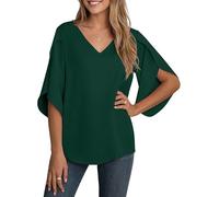 YGJIEGENG Bluse Damen Sommer Tunika Shirt V-Ausschnitt Elegant Oberteile Chiffon Loose 3/4 Ärmel Casual Leicht Tops mit Glockenärmeln Dunkle Grün M