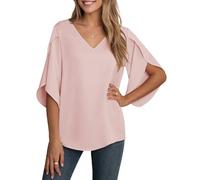YGJIEGENG Bluse Damen Sommer Tunika Shirt V-Ausschnitt Elegant Oberteile Chiffon Loose 3/4 Ärmel Casual Leicht Tops mit Glockenärmeln Rosa M