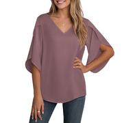 YGJIEGENG Bluse Damen Sommer Tunika Shirt V-Ausschnitt Elegant Oberteile Chiffon Loose 3/4 Ärmel Casual Leicht Tops mit Glockenärmeln Mocha S
