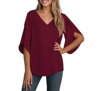YGJIEGENG Bluse Damen Sommer Tunika Shirt V-Ausschnitt Elegant Oberteile Chiffon Loose 3/4 Ärmel Casual Leicht Tops mit Glockenärmeln Rot XL