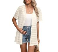 YGJIEGENG Damen Kurzarm Strickjacke Sommer Leichte Cardigan V Ausschnitt Lange Strand Bikini Cover Up Beige M