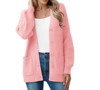 YGJIEGENG Damen Strickjacke Langärmelige Grobstrick Cardigan lockere V Ausschnitt Strickjacke Open Front Pullover Herbst Winter Elegant Casual Schulterjacke Outwear mit Knopfleiste Hellrosa M