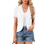 YGJIEGENG Damen Strickjacke Sommer Kurzarm Cardigan Elegante V Ausschnitt Kurz Leichte Atmungsaktiv Open Front Sommer Langärmelig Bolero Cardigans Weiss S