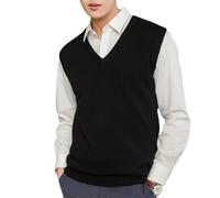 YGLEEULI Strickweste Herren Ärmellose, lockere, warme Pulloverweste for Herren, einfarbig, V-Ausschnitt, Pullover, Strickweste, männliche Weste(Black,3XL)