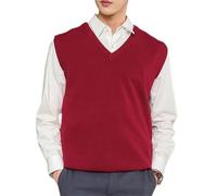 YGLEEULI Strickweste Herren Ärmellose, lockere, warme Pulloverweste for Herren, einfarbig, V-Ausschnitt, Pullover, Strickweste, männliche Weste(Red,XL)