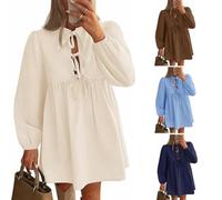 YGSIKY Damen Minikleid mit Langen Puffärmeln und Fliege vorne,Schößchen,Herbstkleider,A-Linie kurzes Rüschenkleid süßes fließendes Tunikakleid,Babydoll-Schößchen,lässiges Mini-Tunikakleid (Apricot,M)