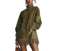 YGSIKY Vintage-Minikleid aus Wildleder für Damen, locker geschnitten, mit Quasten, Stehkragen und Langen Ärmeln, Retro-Cowgirl-Outfit, Patchwork-Mantel mit Langen Ärmeln (Green,XXL)