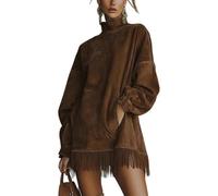 YGSIKY Vintage-Minikleid aus Wildleder für Damen, locker geschnitten, mit Quasten, Stehkragen und Langen Ärmeln, Retro-Cowgirl-Outfit, Patchwork-Mantel mit Langen Ärmeln (Brown,M)