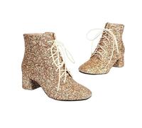 YhdtHSF 5CM Damen Glitzer Schnürstiefeletten mit klobigen Absätzen,Gold,36 EU