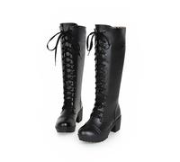 YhdtHSF 5CM Damen Hochhackige Stiefel Sexy Runde Zehe Klotzige Ferse Schnürung Hoher Absatz Mittlere Wadenstiefel,Schwarz,40 EU