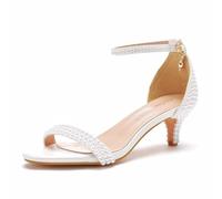 YhdtHSF 5CM Damen Perle Kitten Heels Geschlossene Spitze Braut Kleid Schuhe Knöchelriemen Pumps,Weiß,38 EU