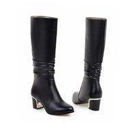 YhdtHSF 5CM Lange Stiefel Spitze Zehe Hoher Absatz Chunky Knight Stiefel Falten Damenstiefel Große Größe Stiefel,Schwarz,39 EU