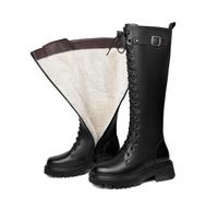 YhdtHSF Damen Kniehohe Schnür-Stiefel mit Plateau aus Kunstleder, warm gefüttert, mit Schnallendetail für kaltes Wetter,Schwarz,37 EU