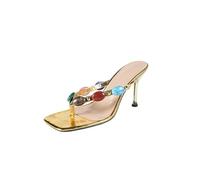 YhdtHSF Frauen Flip Flop Slip On Pantoletten mit Absatz Runde Offene Spitze Riemchen Stiletto High Heels Hochzeit Party Kleid Schuhe,Gold,37 EU