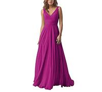 yhfshop Abendkleid Brautjungfernkleider,Kleid aus Chiffon mit doppelter Schulter und V-Ausschnitt, A-Linien-Partykleid-Purple Rose_42,Damen Retro Brautjungfernkleider