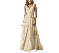 yhfshop Abendkleider Elegant,Kleid aus Chiffon mit doppelter Schulter und V-Ausschnitt, A-Linien-Partykleid-Champagne_42,Ballkleid Brautjungfernkleider Festkleid