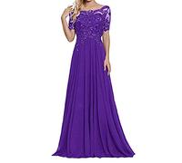 yhfshop Abendkleider Elegant,Schulter-Kurzarm-Partykleid mit Spitzenapplikationen-Lila A_46,Ballkleid Brautjungfernkleider Festkleid