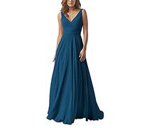 yhfshop Damen Abendkleid,Kleid aus Chiffon mit doppelter Schulter und V-Ausschnitt, A-Linien-Partykleid-Ink-Blue Colour_42,Hochzeit Kleider Elegant Lang Abendkleid
