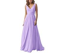yhfshop Damen Abendkleid lang,Kleid aus Chiffon mit doppelter Schulter und V-Ausschnitt, A-Linien-Partykleid-Lilac_44,Damen Abendkleider Lang Ballkleider