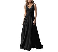 yhfshop Damen Abendkleid lang,Kleid aus Chiffon mit doppelter Schulter und V-Ausschnitt, A-Linien-Partykleid-Black_42,Damen Abendkleider Lang Ballkleider