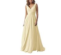 yhfshop Damen Abendkleid lang,Kleid aus Chiffon mit doppelter Schulter und V-Ausschnitt, A-Linien-Partykleid-Light Yellow B_34,Damen Abendkleider Lang Ballkleider