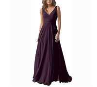 yhfshop Damen Abendkleid lang,Kleid aus Chiffon mit doppelter Schulter und V-Ausschnitt, A-Linien-Partykleid-Grape Purple_44,Damen Abendkleider Lang Ballkleider