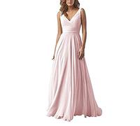 yhfshop Damen Abendkleid Lange,Kleid aus Chiffon mit doppelter Schulter und V-Ausschnitt, A-Linien-Partykleid-Pink A_36,Damen Kleid Festliche Kleider Brautjungfer