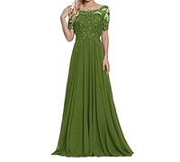 yhfshop Damen Abendkleid Lange,Schulter-Kurzarm-Partykleid mit Spitzenapplikationen-Armeegrün_42,Damen Kleid Festliche Kleider Brautjungfer