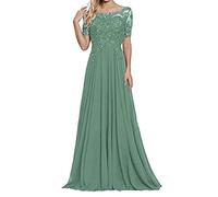 yhfshop Damen Abendkleid Lange,Schulter-Kurzarm-Partykleid mit Spitzenapplikationen-grau Grün_42,Damen Kleid Festliche Kleider Brautjungfer