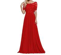 yhfshop Damen Abendkleid Lange,Schulter-Kurzarm-Partykleid mit Spitzenapplikationen-Groß Rot_54,Damen Kleid Festliche Kleider Brautjungfer