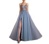 yhfshop Damen Abendkleid Lange,Sexy Party-Abendkleid mit geteiltem V-Ausschnitt und Perlen,Gray Blue,US4,Damen Kleid Festliche Kleider Brautjungfer