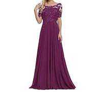 yhfshop Damen Abendkleid,Schulter-Kurzarm-Partykleid mit Spitzenapplikationen-Fuchsie_48,Hochzeit Kleider Elegant Lang Abendkleid