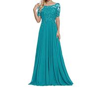 yhfshop Damen Abendkleid,Schulter-Kurzarm-Partykleid mit Spitzenapplikationen-Türkis_48,Hochzeit Kleider Elegant Lang Abendkleid