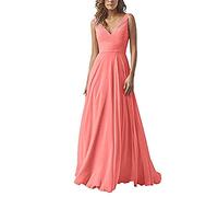 yhfshop Damen Abendkleider Elegant,Kleid aus Chiffon mit doppelter Schulter und V-Ausschnitt, A-Linien-Partykleid-Watermelon red_44,Elegant Langes Abendkleid Partykleid