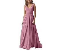 yhfshop Damen Abendkleider Elegant,Kleid aus Chiffon mit doppelter Schulter und V-Ausschnitt, A-Linien-Partykleid-Nude pink B_38,Elegant Langes Abendkleid Partykleid