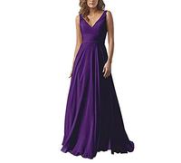 yhfshop Damen Abendkleider Elegant,Kleid aus Chiffon mit doppelter Schulter und V-Ausschnitt, A-Linien-Partykleid-Purple C_34,Elegant Frauen Bodenlang Abendkleider
