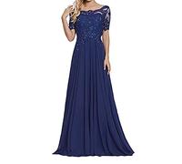 yhfshop Damen Abendkleider Elegant,Schulter-Kurzarm-Partykleid mit Spitzenapplikationen-Dunkelblau_38,Elegant Langes Abendkleid Partykleid