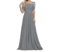 yhfshop Damen Abendkleider Elegant,Schulter-Kurzarm-Partykleid mit Spitzenapplikationen-grau_46,Elegant Frauen Bodenlang Abendkleider