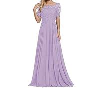 yhfshop Damen Abendkleider Elegant,Schulter-Kurzarm-Partykleid mit Spitzenapplikationen-Lila_48,Elegant Langes Abendkleid Partykleid