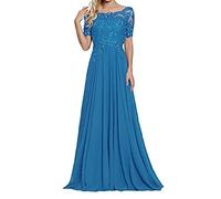 yhfshop Damen Abendkleider Elegant,Schulter-Kurzarm-Partykleid mit Spitzenapplikationen-Meerblau_40,Elegant Frauen Bodenlang Abendkleider