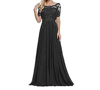 yhfshop Damen Abendkleider Elegant,Schulter-Kurzarm-Partykleid mit Spitzenapplikationen-Schwarz_50,Elegant Frauen Bodenlang Abendkleider